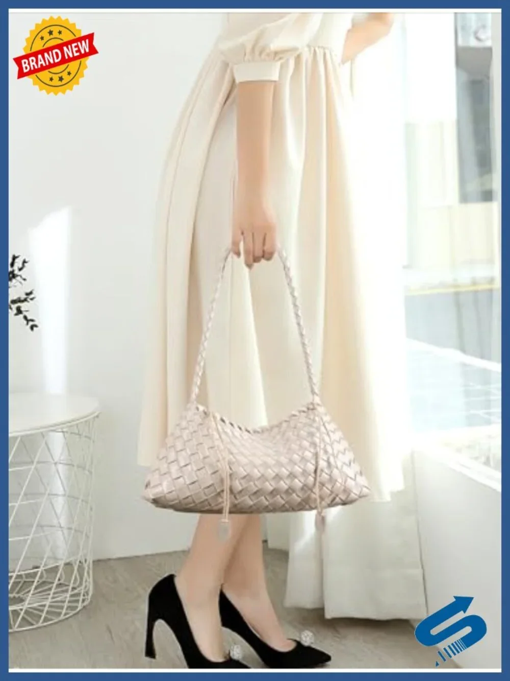 Women's Handwoven Vegan Leather Woven Hobo Shoulder Tote Bag w/ Drawstring Pouch